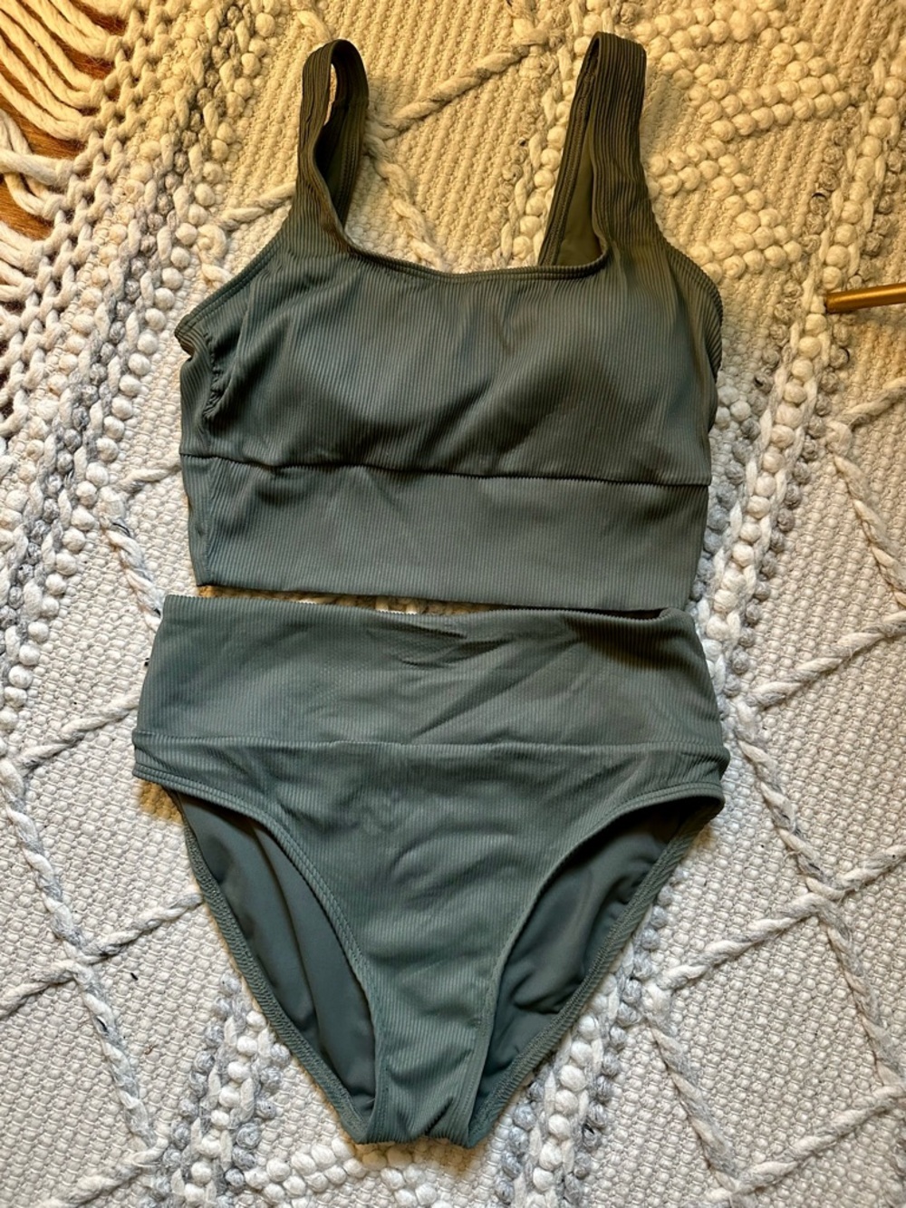 Lands' End Olive Green Ribbed Two-Piece Swim Set